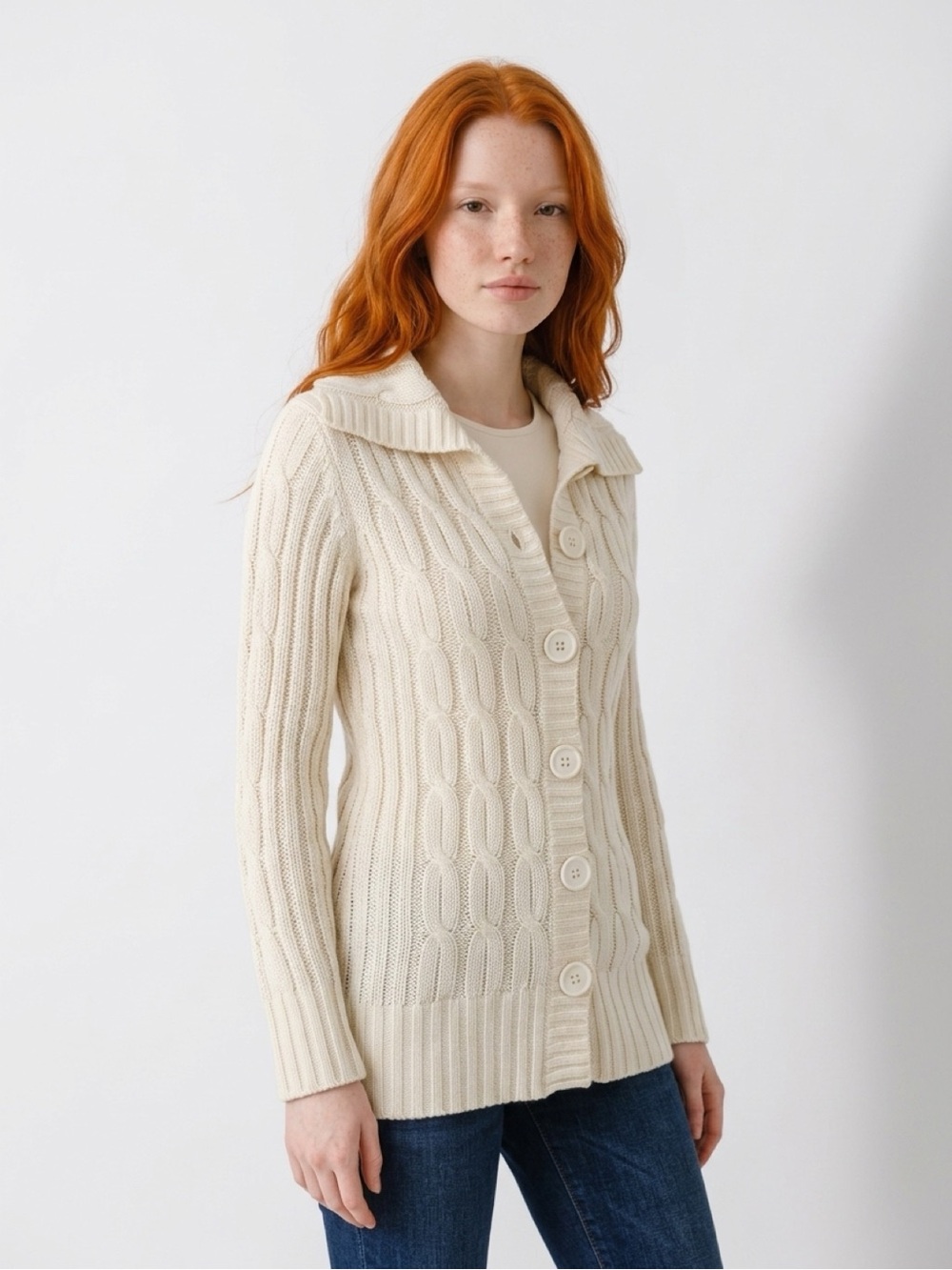 Cafebrand Long Cream Cable-Knit Button Cardigan